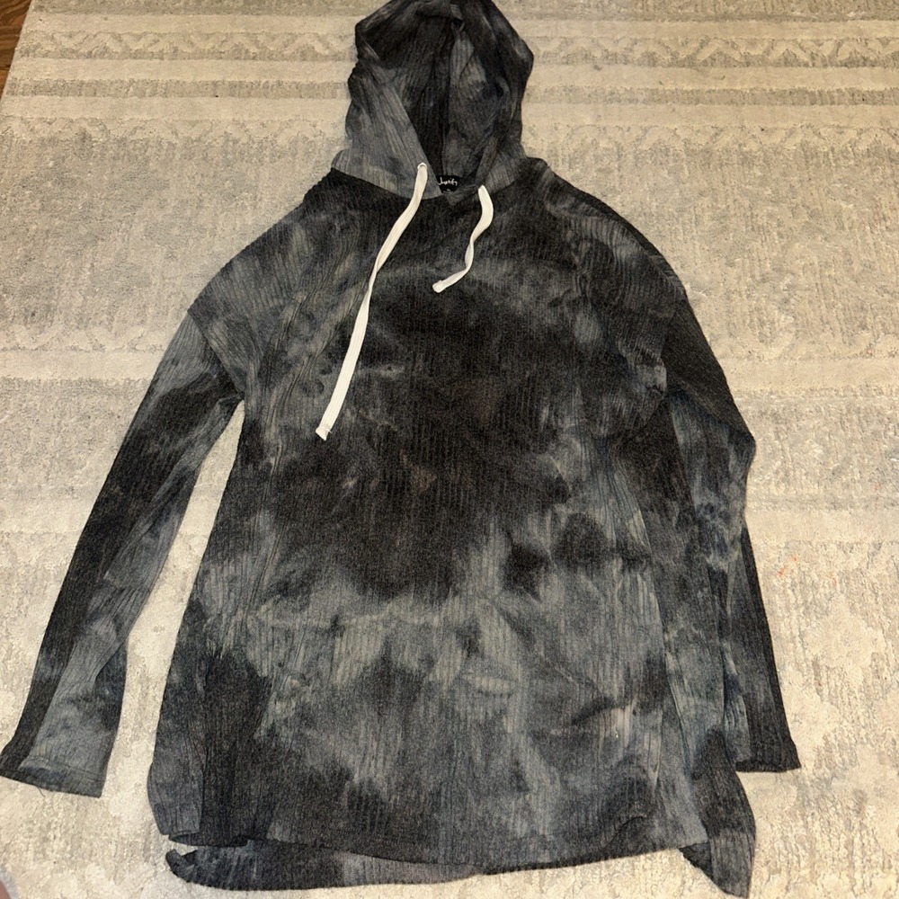 Black Tie-Dye Hooded Long Sleeve Pullover Top